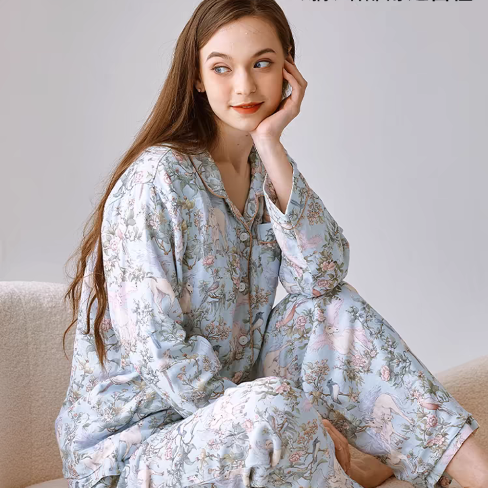 Organic Cotton Muslin Button-Up Maternity Pajama - Blue Danish Dream Garden