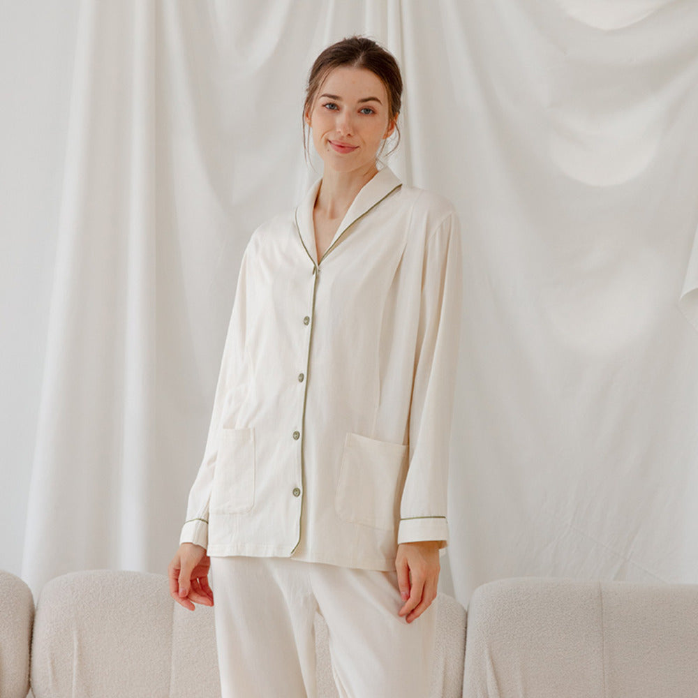 Cotton Button-Up Maternity Pajama-  White