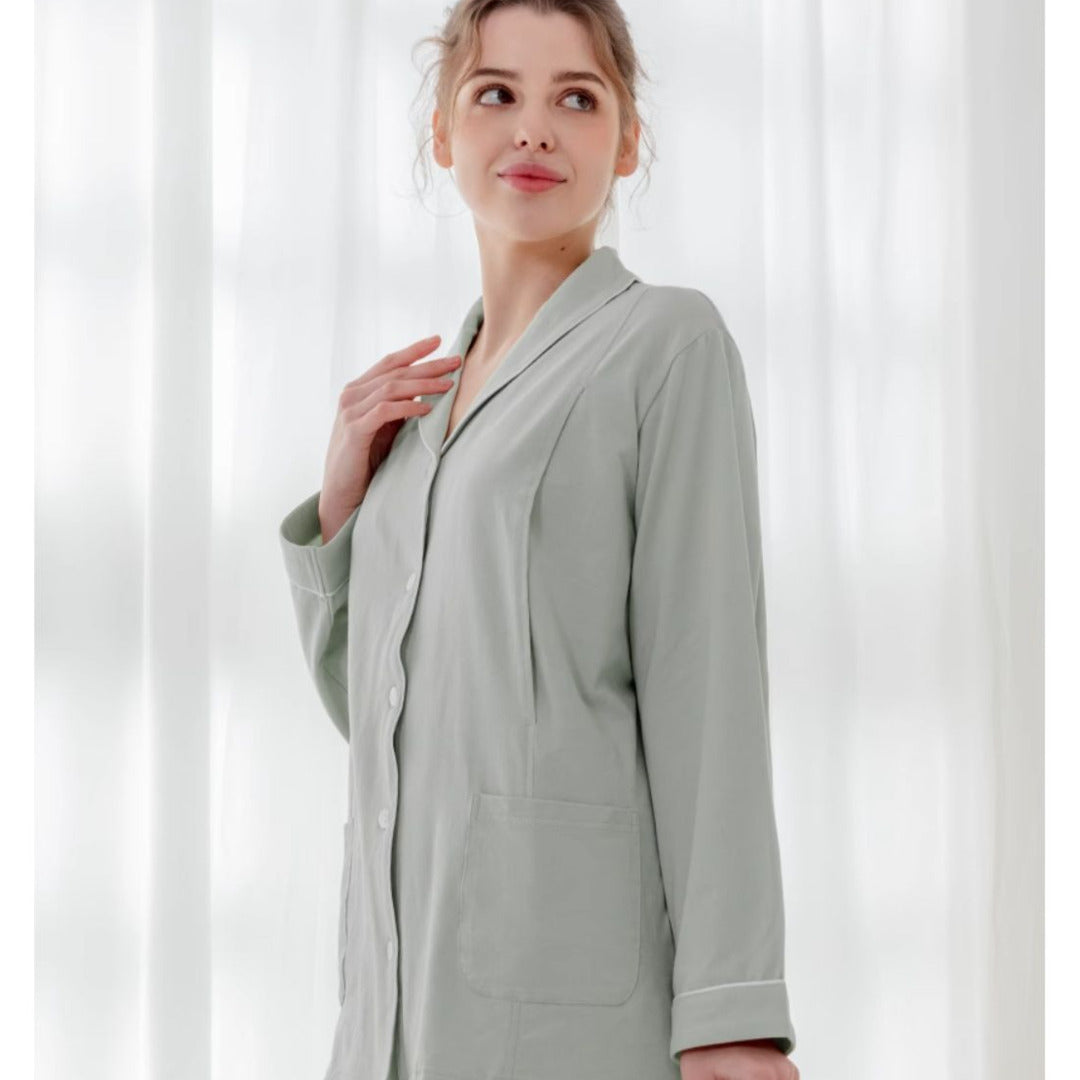 Cotton Button-Up Maternity Pajama-  Green