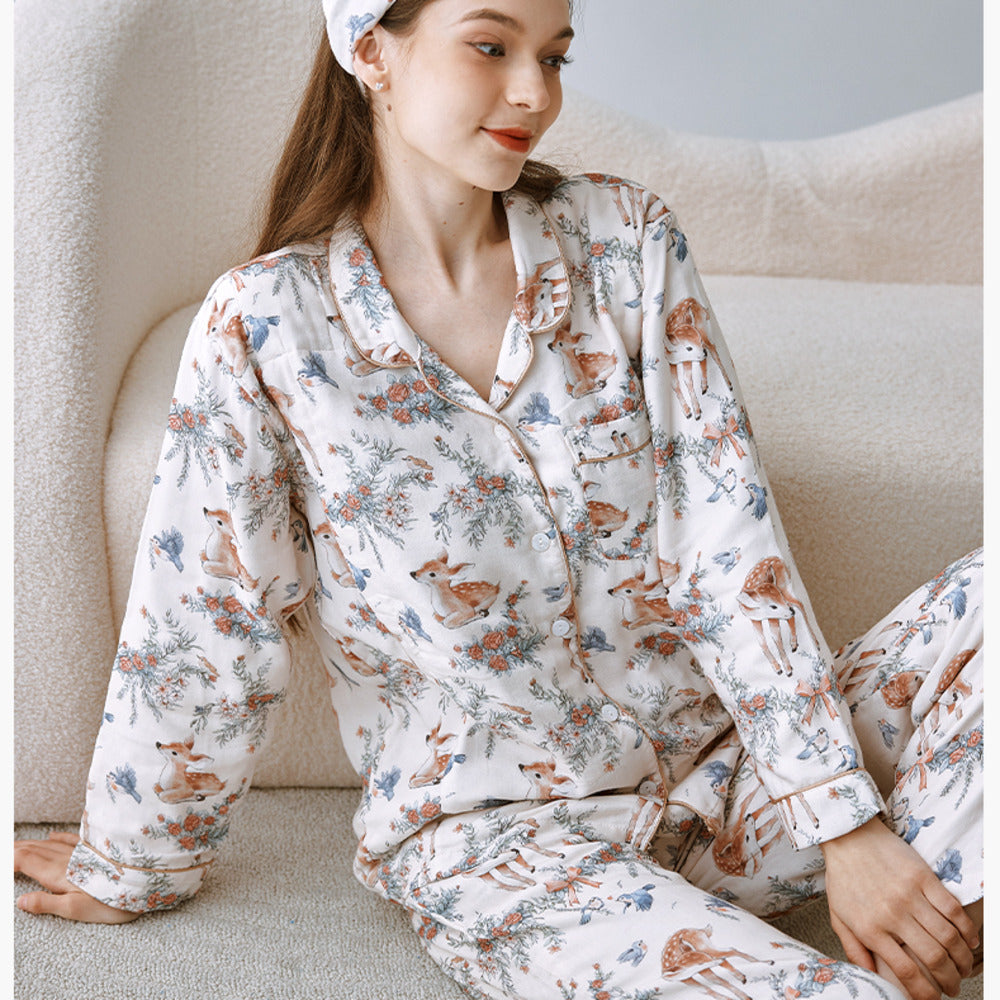 Organic Cotton Muslin Button-Up Maternity Pajama - Blue Danish Dream Garden