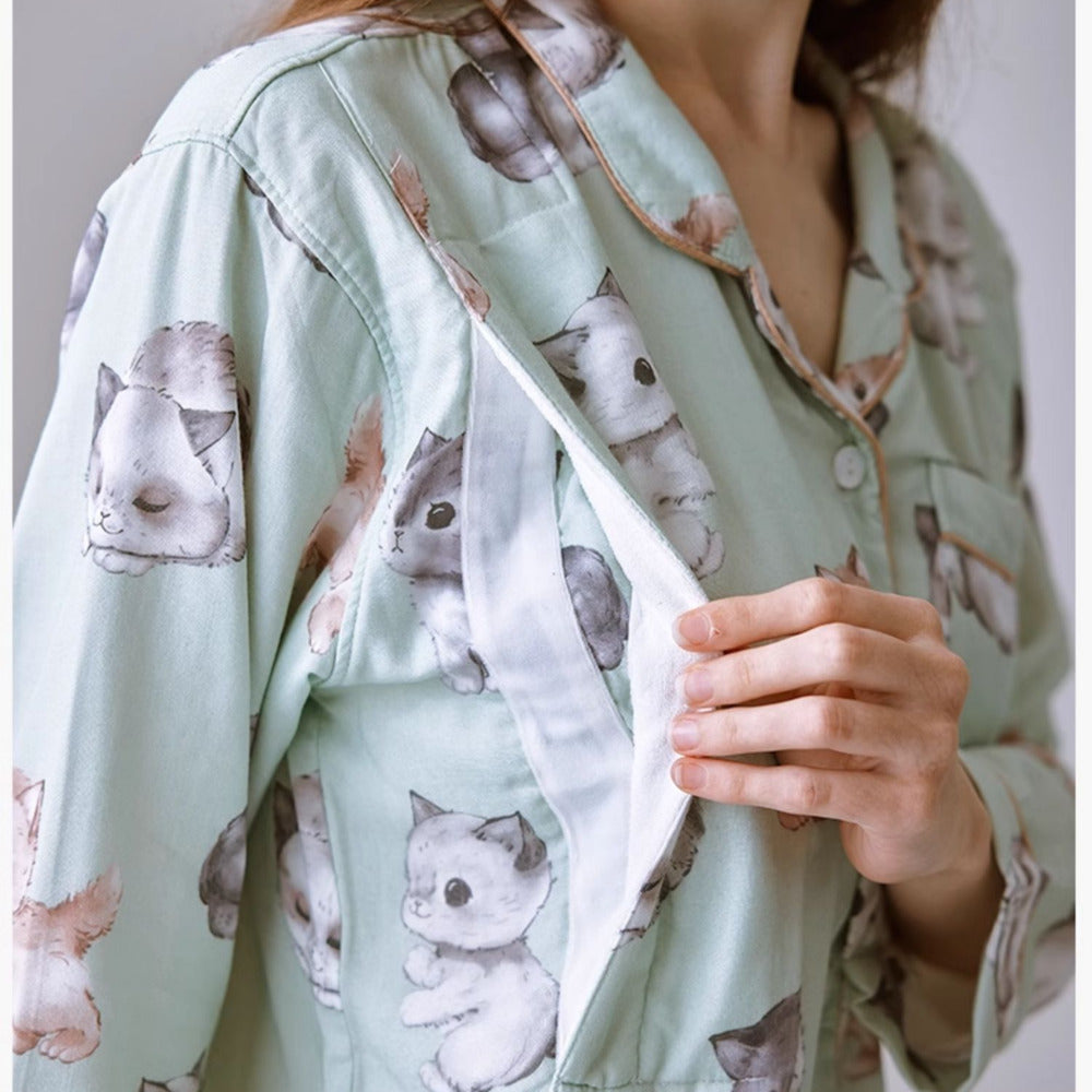 Organic Cotton Muslin Button-Up Maternity Pajama -  Danish Cat Garden