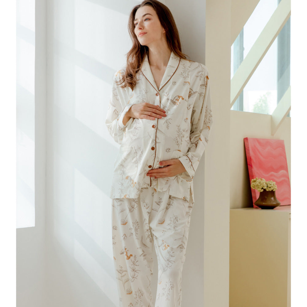 Cotton Button-Up Maternity Pajama-  Green Leave