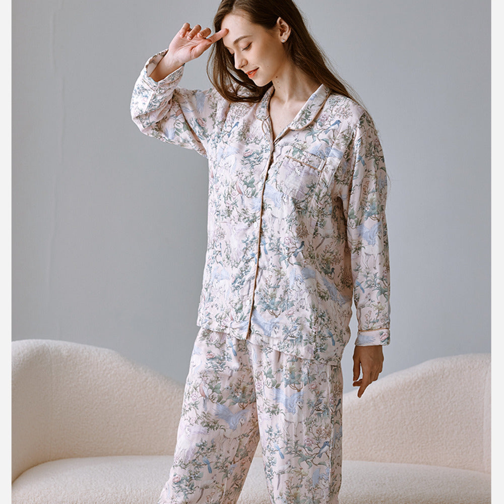 Organic Cotton Muslin Button-Up Maternity Pajama - Blue Danish Dream Garden