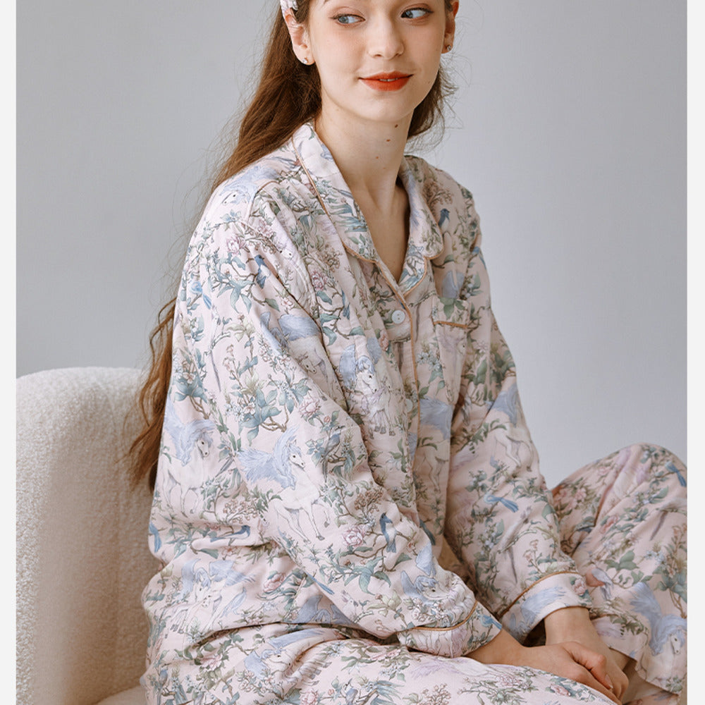 Organic Cotton Muslin Button-Up Maternity Pajama - Blue Danish Dream Garden