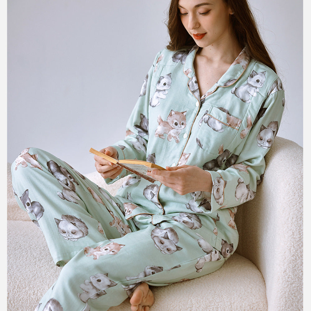 Organic Cotton Muslin Button-Up Maternity Pajama - Blue Danish Dream Garden