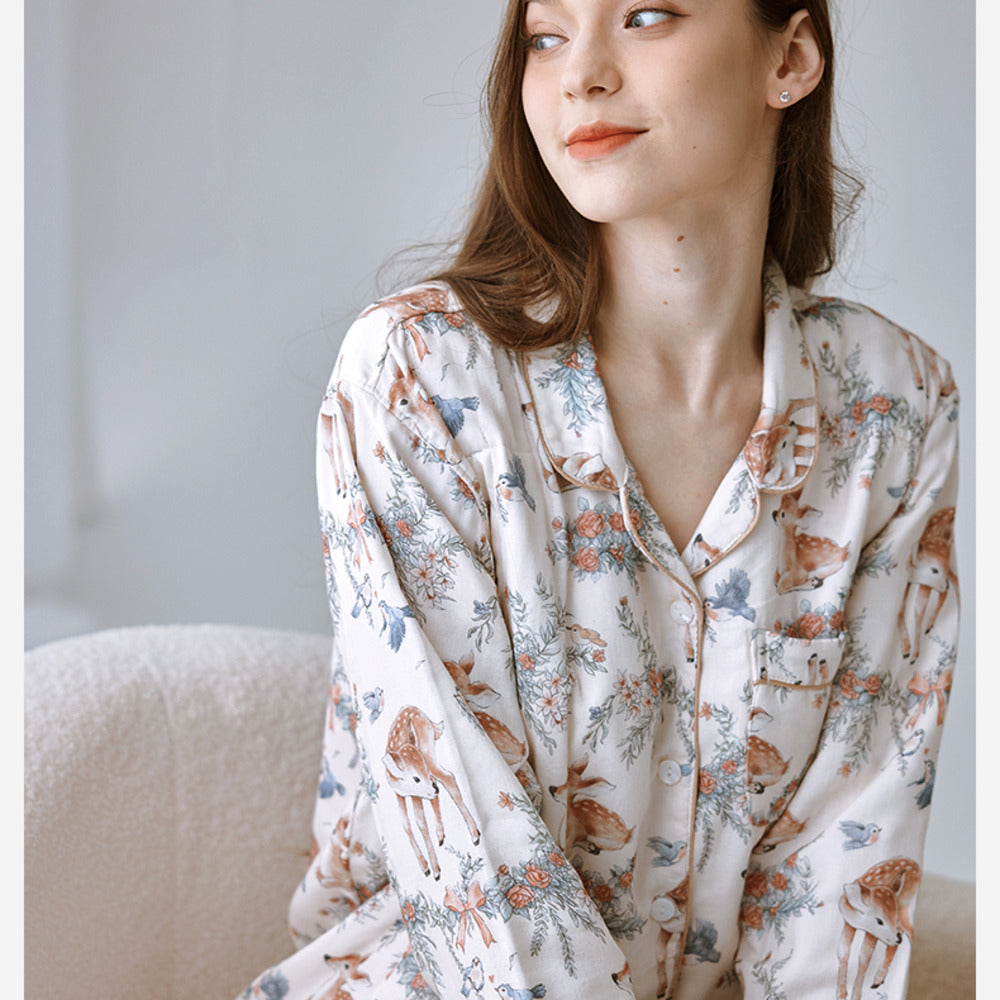 Organic Cotton Muslin Button-Up Maternity Pajama - Blue Danish Dream Garden