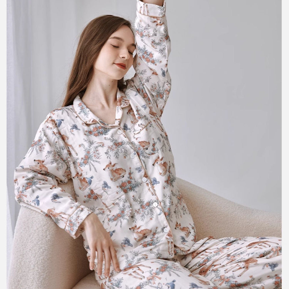 Organic Cotton Muslin Button-Up Maternity Pajama -  Danish Cat Garden