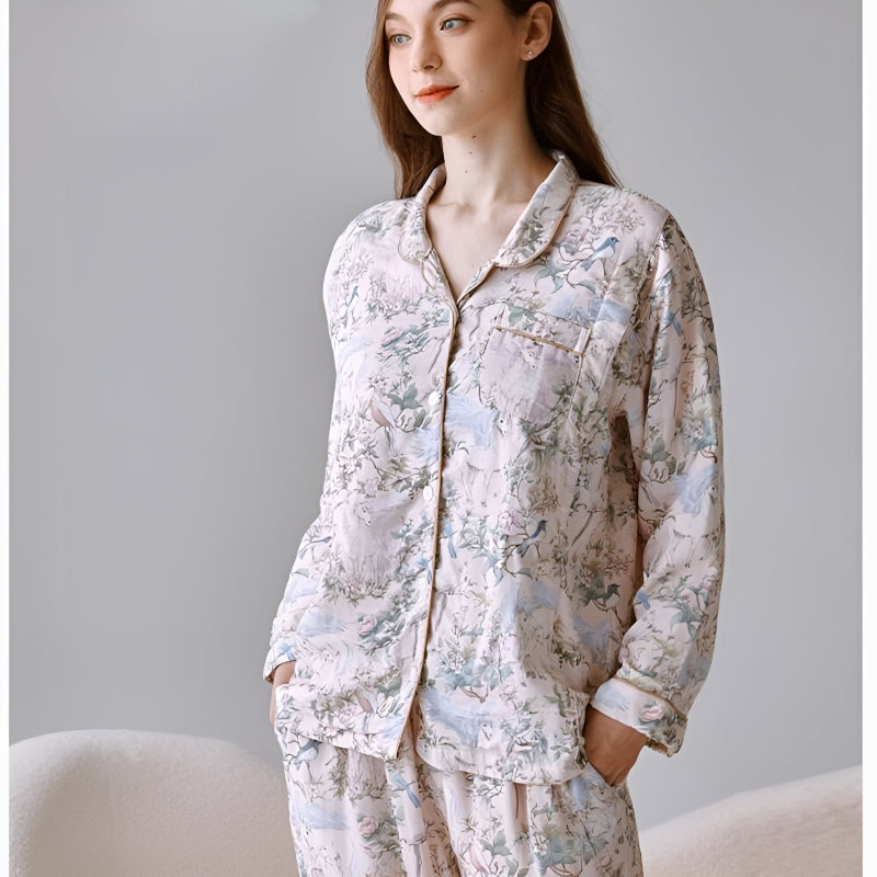 Organic Cotton Muslin Button-Up Maternity Pajama - Blue Danish Dream Garden