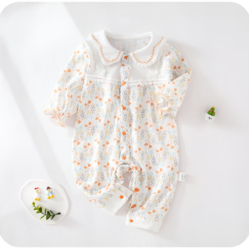 100% Cotton Long Sleeve Floral Romper - Orange Blossom