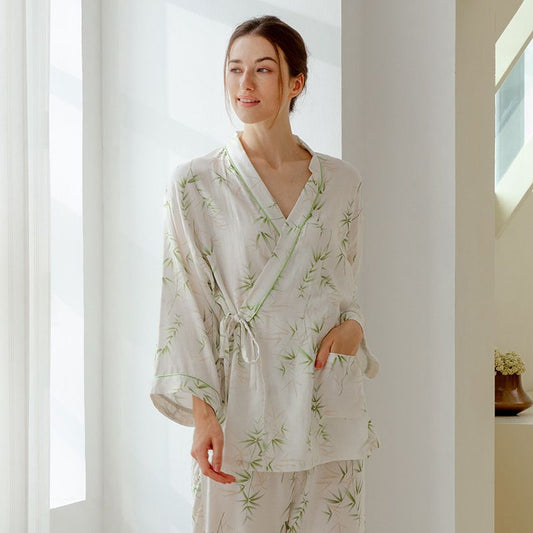 Organic Cotton Muslin Wrap Maternity Pajama Set-  Bamboo