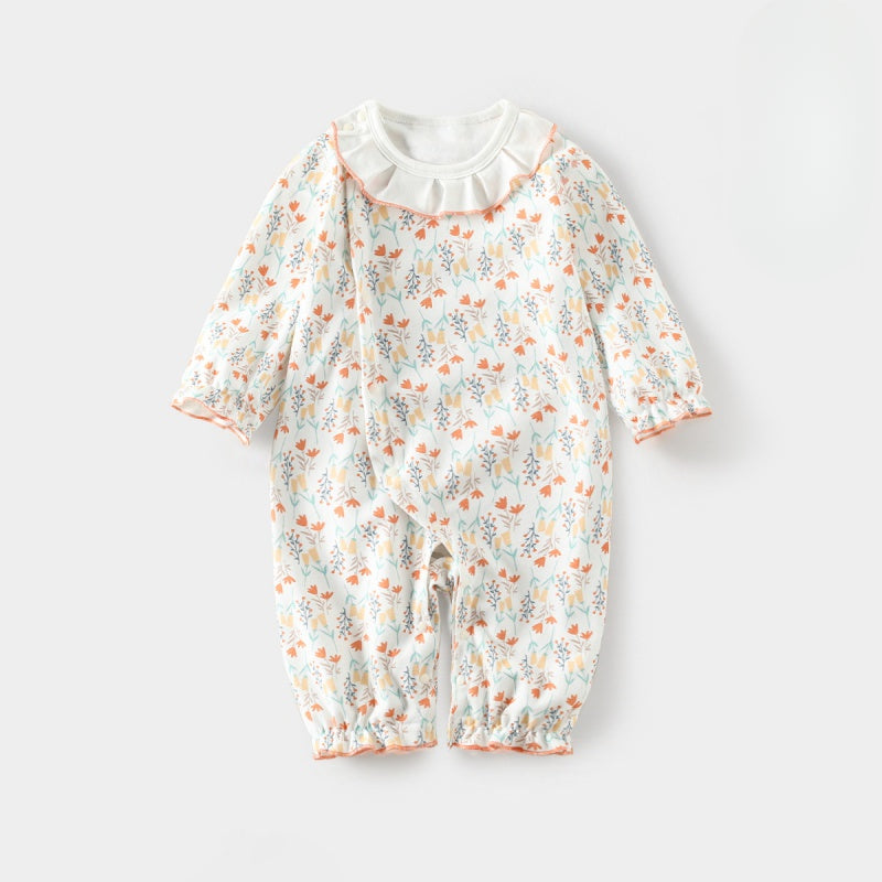 100% Cotton Long Sleeve Floral Romper - Peach