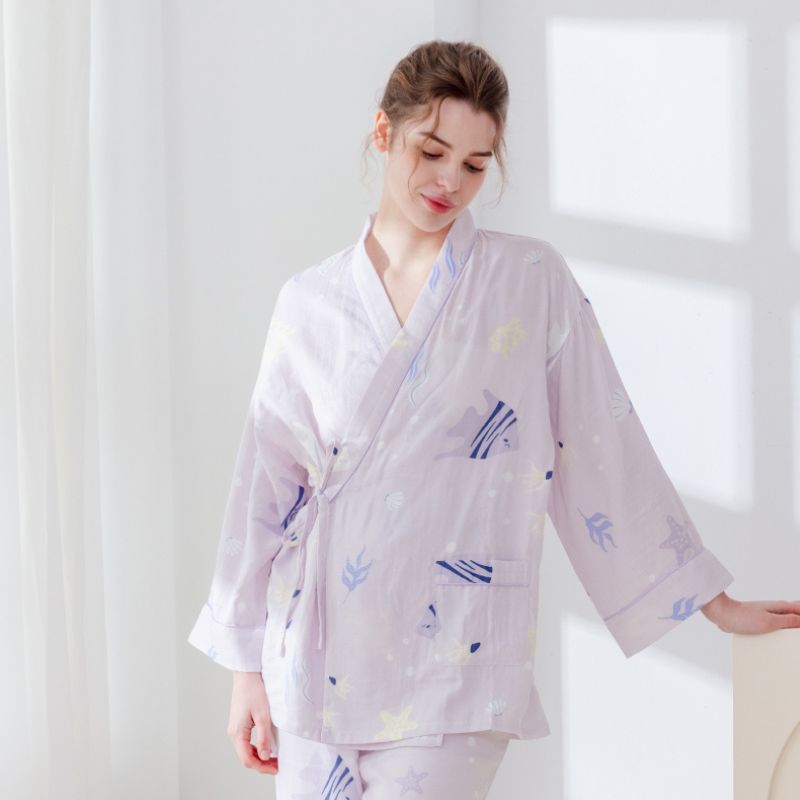 🔥Organic Cotton Muslin Wrap Maternity Pajama Set-  Lavender