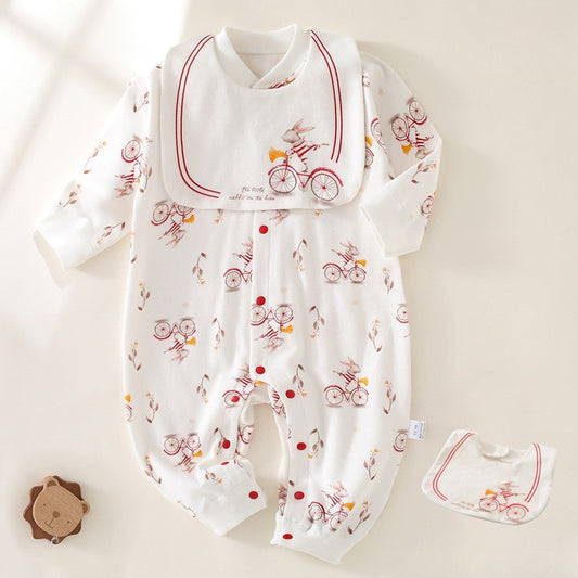 100% Cotton Long Sleeve Romper with Bib - Bunny with Bicycle