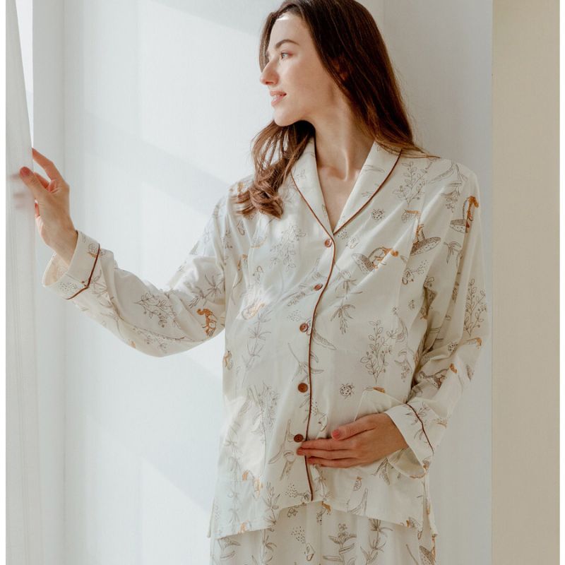 Cotton Button-Up Maternity Pajama-  Green Leave