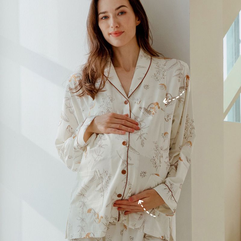 Cotton Button-Up Maternity Pajama-  Green Leave