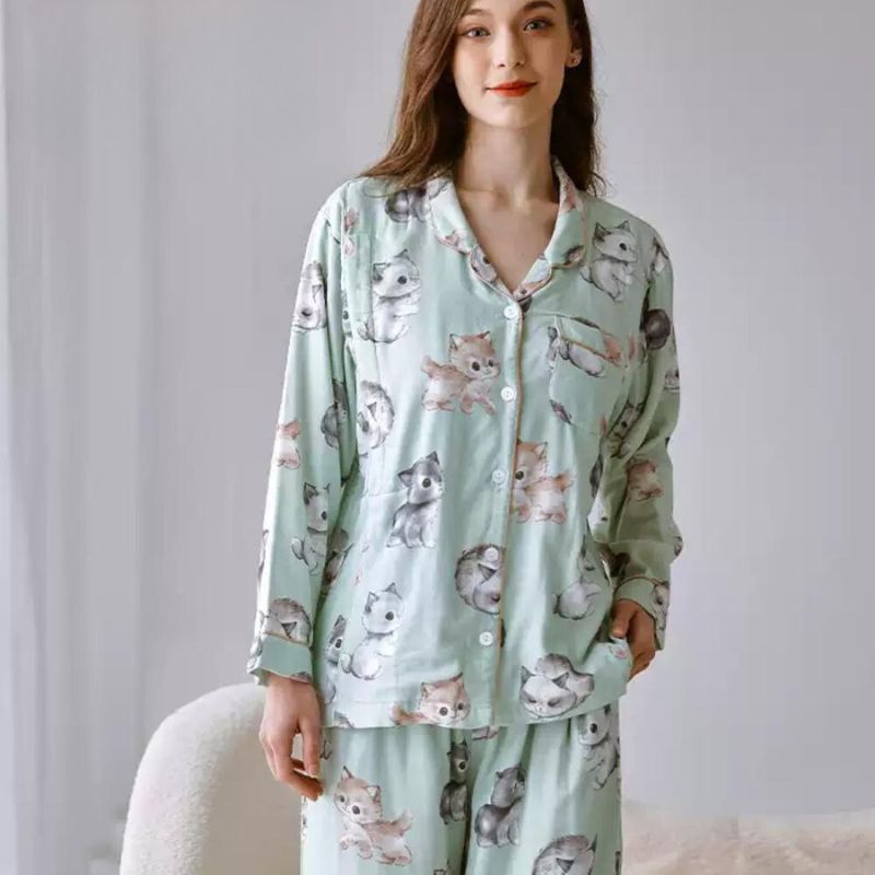 Organic Cotton Muslin Button-Up Maternity Pajama -  Danish Cat Garden