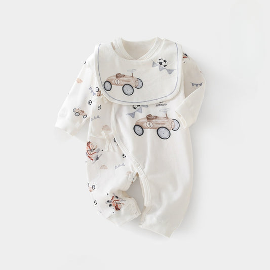 100% Cotton Long Sleeve Romper with Bib -  Little Car