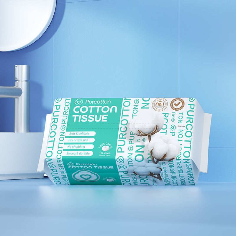 PurCotton 100% cotton face towel paper box blue background
