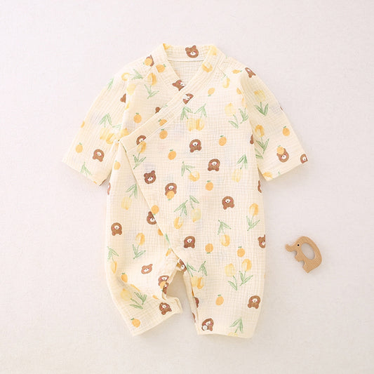 100% Cotton Muslin Long Sleeve Romper - Flowers with Bear