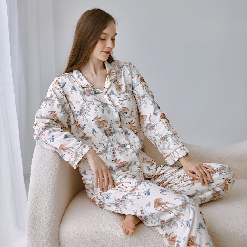 Organic Cotton Muslin Button-Up Maternity Pajama -  Danish Deer Garden