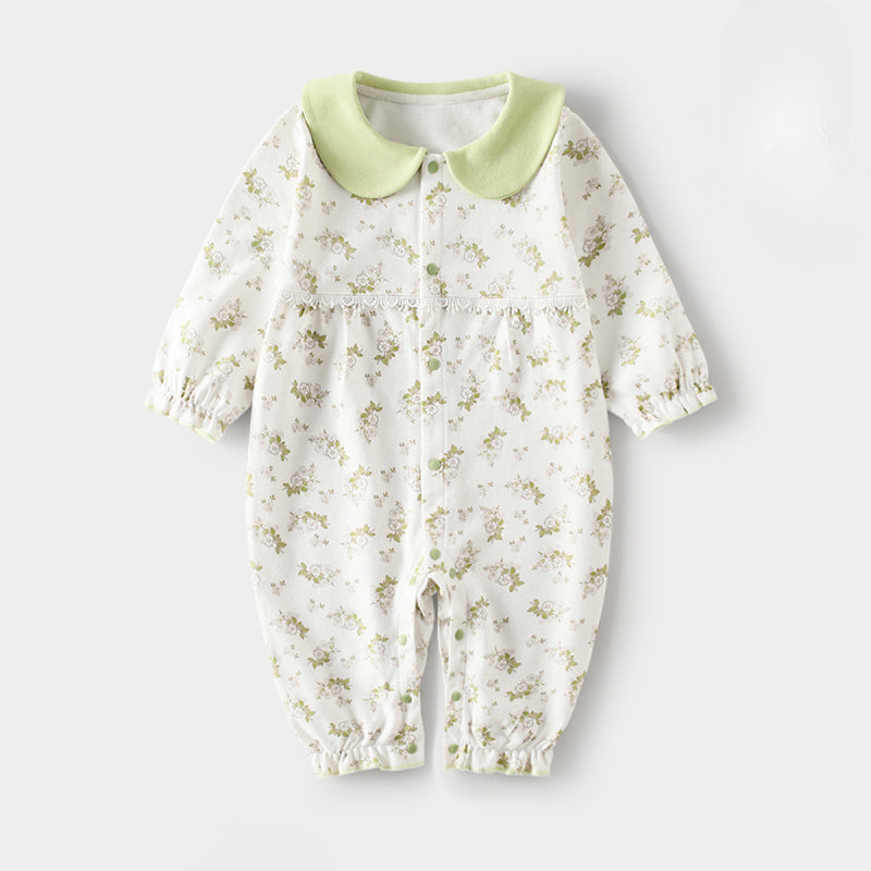 100% Cotton Long Sleeve Floral Romper - Green Garden