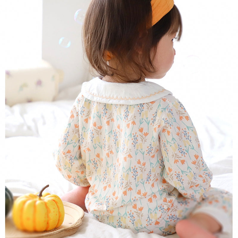 100% Cotton Long Sleeve Floral Romper - Orange Blossom