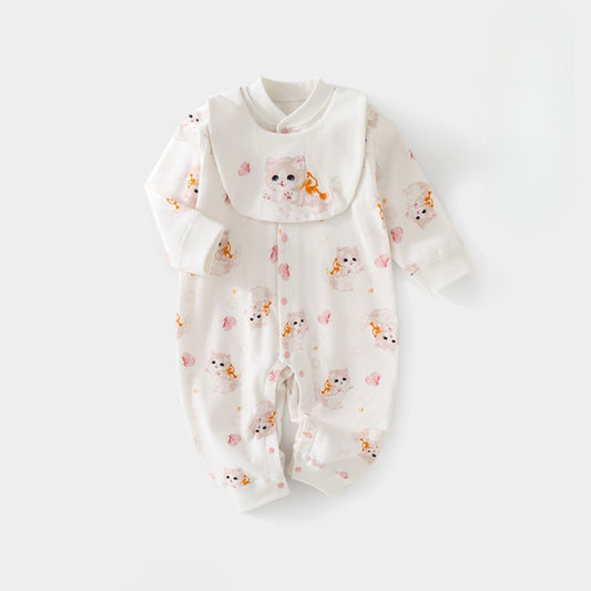 100% Cotton Long Sleeve Romper with Bib -  Cat