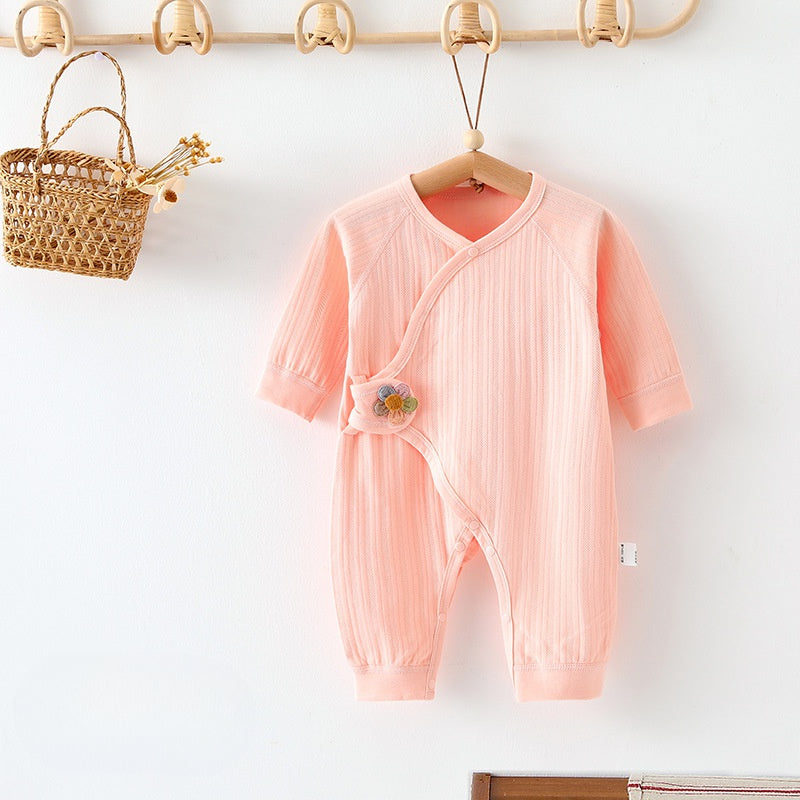 100% Cotton Long Sleeve Romper with Velcro Closure - Pink Flower