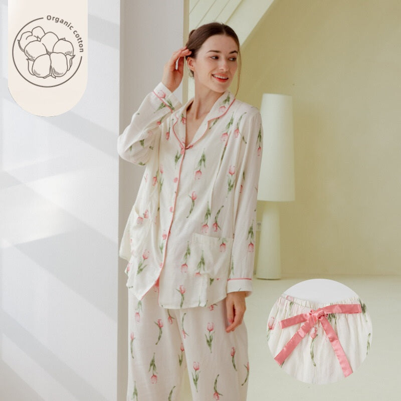 Organic Cotton Muslin Button-Up Maternity Pajama -  Pomegranate