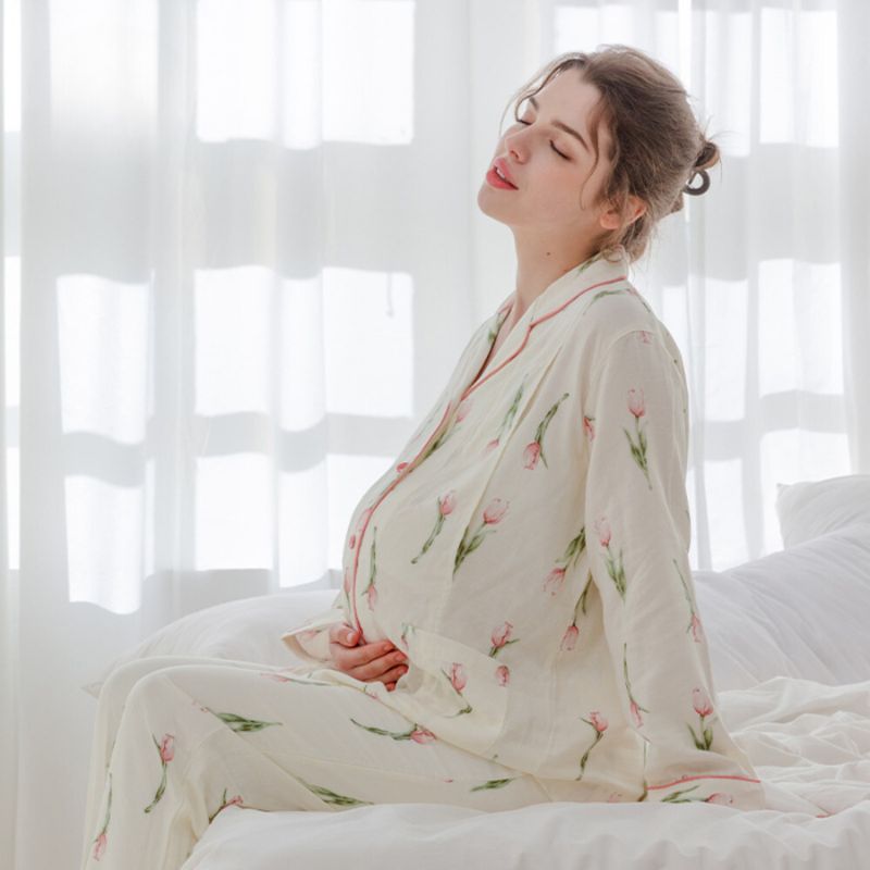 model wearing cotton maternity pajama set tulip