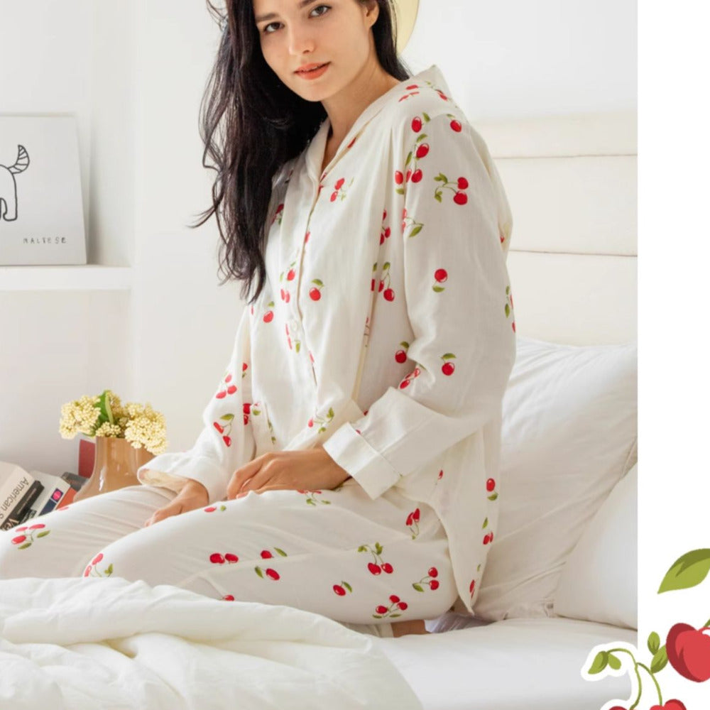 model wearing cotton maternity pajama set cherry pattern