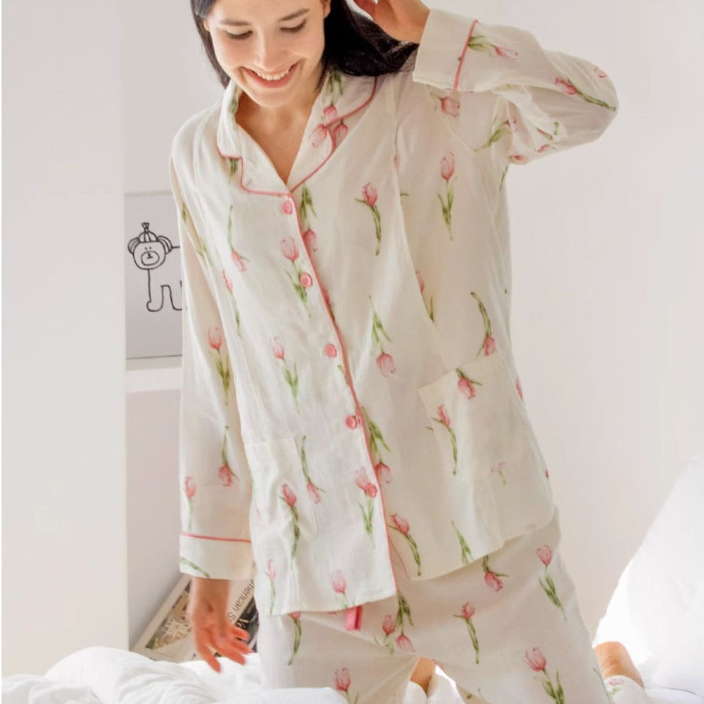 model wearing cotton maternity pajama set tulip 