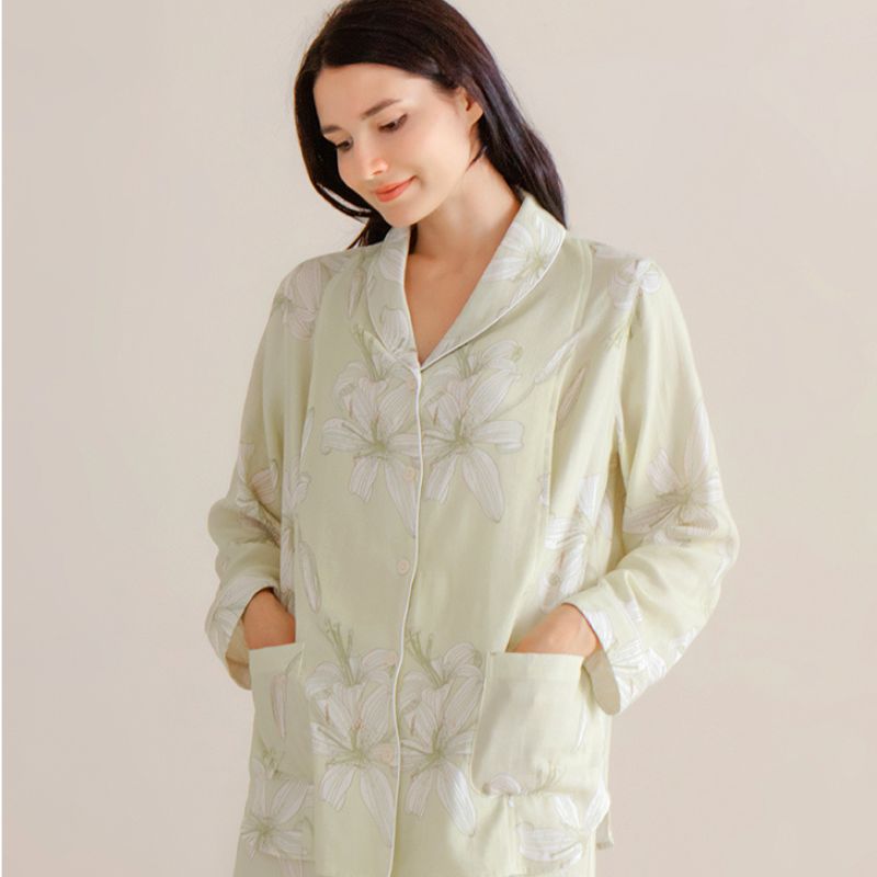 Organic Cotton Muslin Long Sleeve Button-Up Pajama -  Cherry