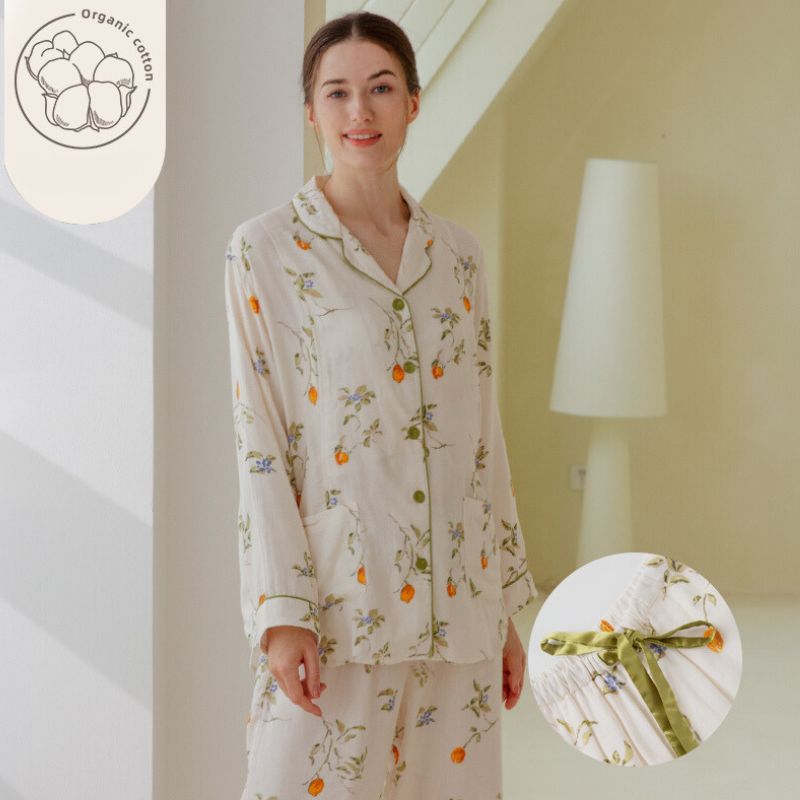 Organic Cotton Muslin Long Sleeve Button-Up Pajama -  Cherry