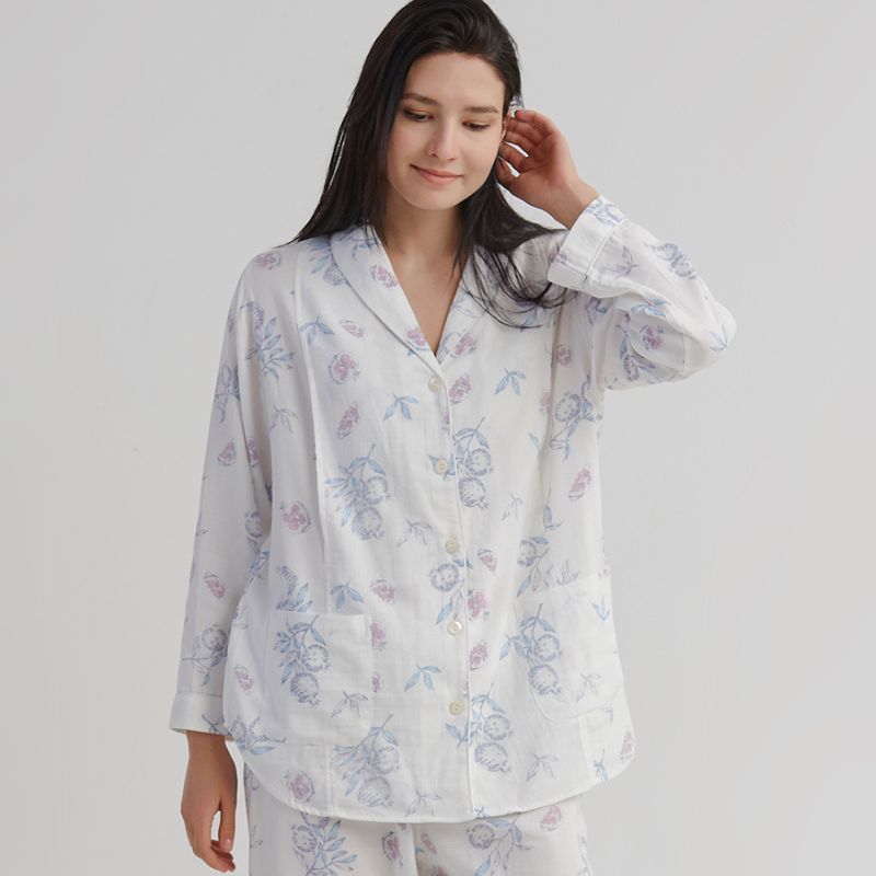 model wearing cotton maternity pajama set wisteria pattern