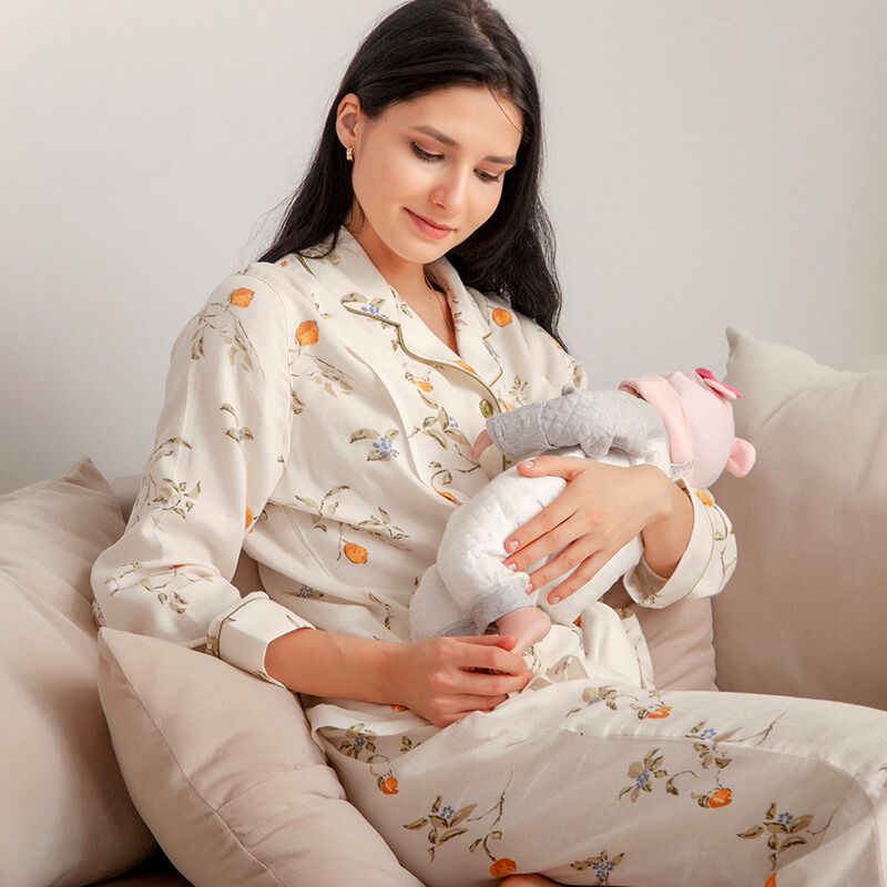 🔥Organic Cotton Muslin Button-Up Maternity Pajama-  Orange Blossom