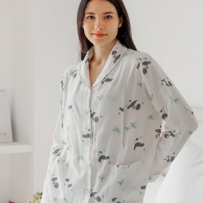 model wearing cotton maternity pajama set panda