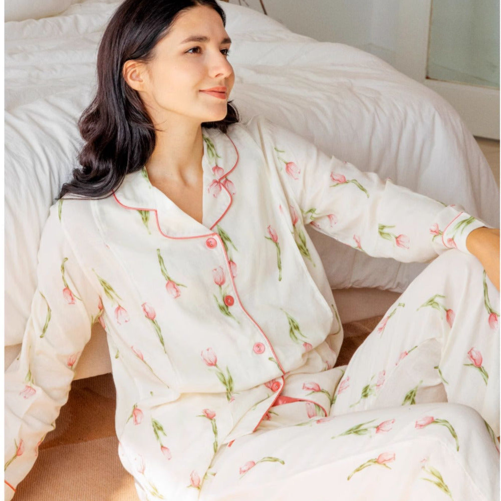 model wearing cotton maternity pajama set tulip