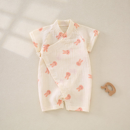 100% Cotton Muslin Short Sleeve Romper - Pink Bunny