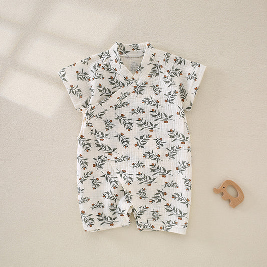 100% Cotton Muslin Short Sleeve Romper - Spring Leaves