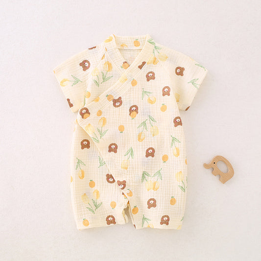 100% Cotton Muslin Short Sleeve Romper - Flowers with Bear