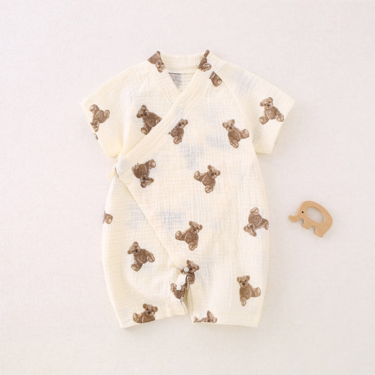 100% Cotton Muslin Short Sleeve Romper - Brown Bear