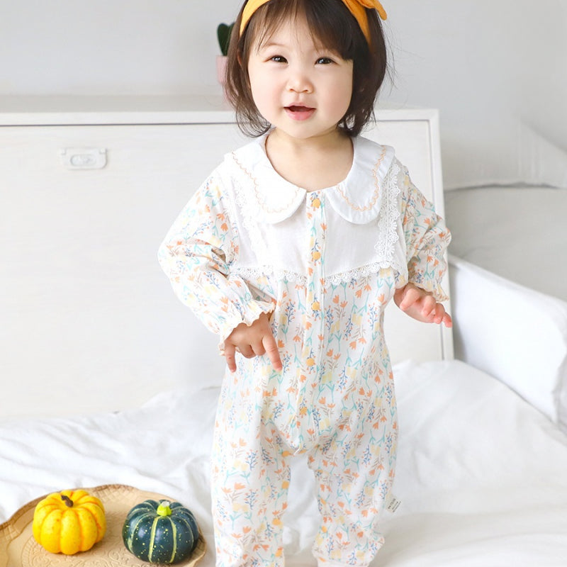 100% Cotton Long Sleeve Floral Romper - Orange Blossom