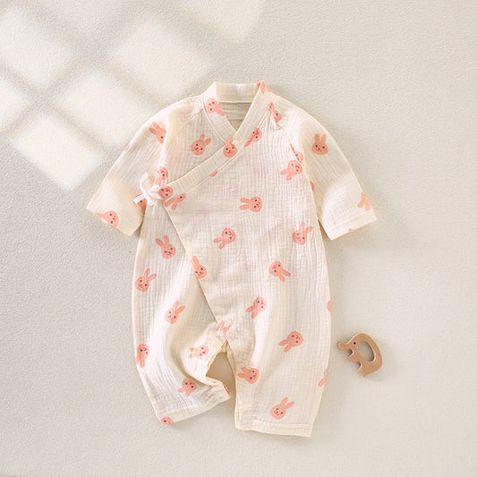 100% Cotton Muslin Long Sleeve Romper - Pink Bunny