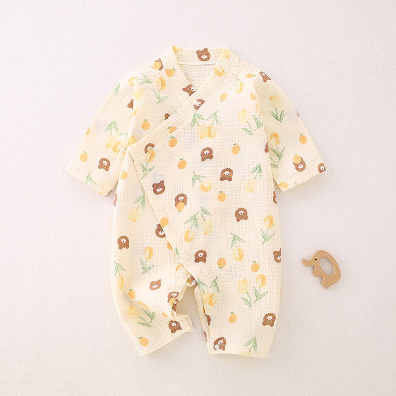 100% Cotton Muslin Long Sleeve Romper - Flowers with Bear